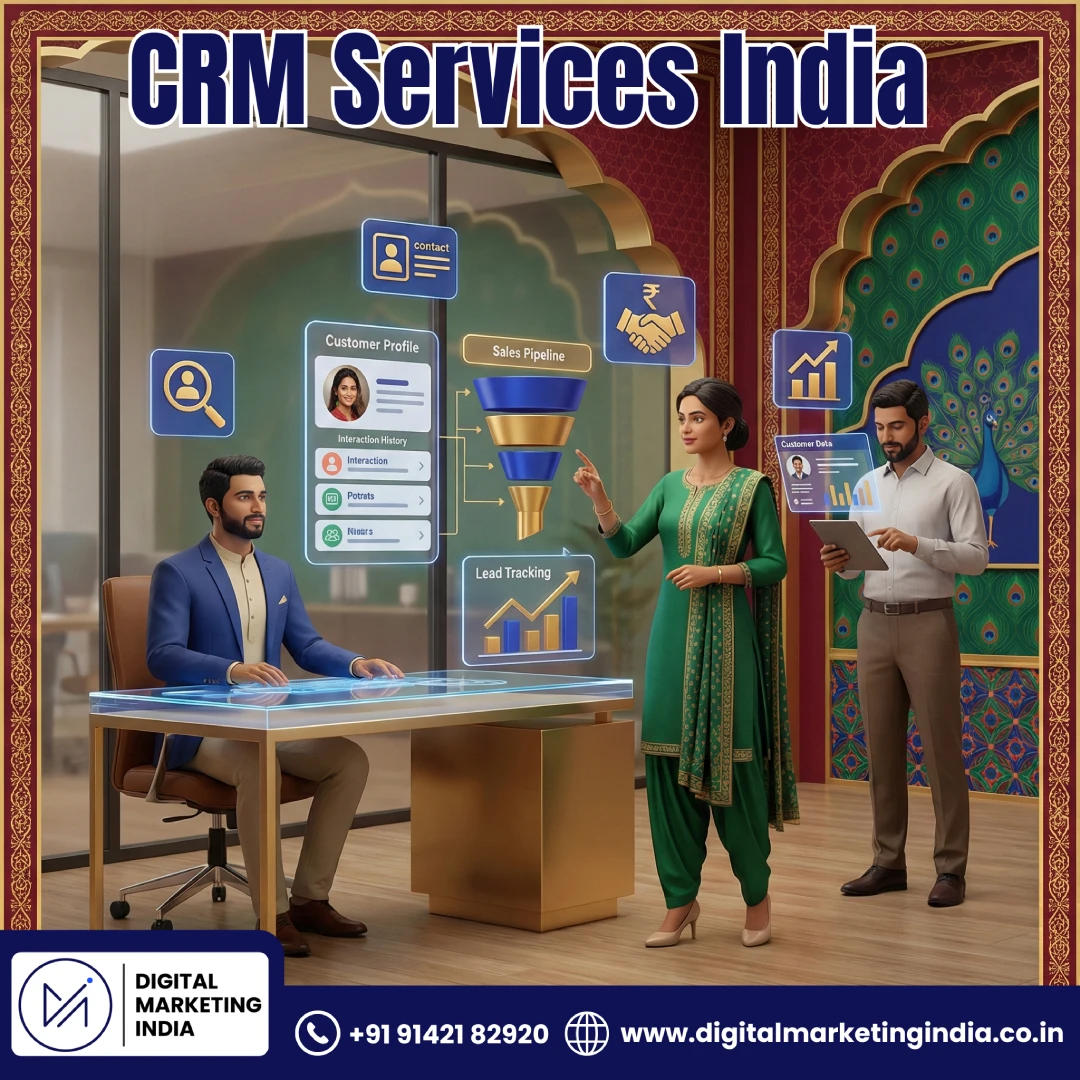 Indian business professionals using CRM technology for customer management with traditional Indian design patterns and 3D visualization showing CRM services India