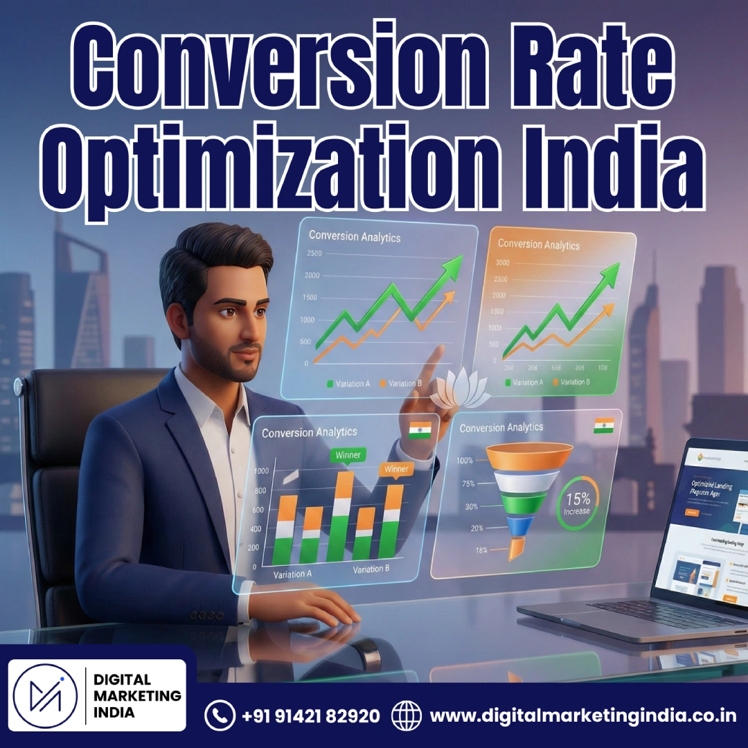 CRO Services India - A/B Testing Conversion Optimization Expert analyzing conversion analytics dashboard with Indian business professional, showing conversion rate improvements and landing page optimization results