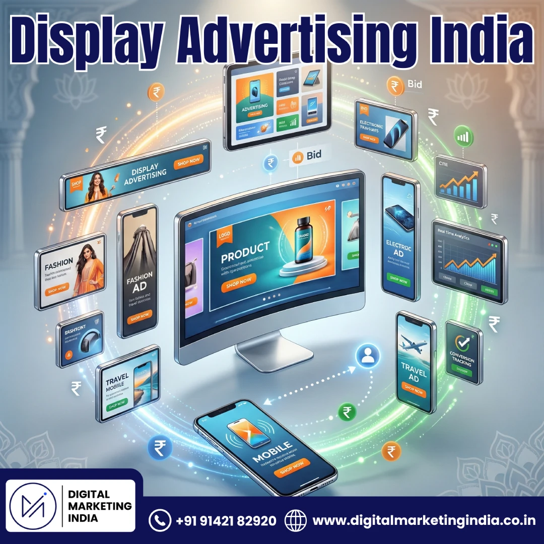 Professional display advertising services India - 3D square illustration showing banner ads, retargeting campaigns, and mobile advertising solutions across multiple devices with Indian cultural design elements
