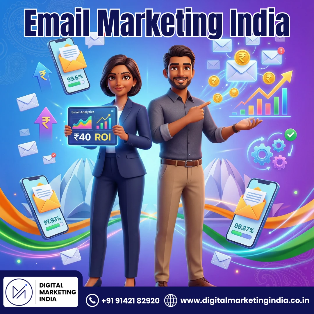 Professional email marketing India services - 3D illustration of Indian business professionals managing successful email campaigns with ROI analytics and mobile optimization