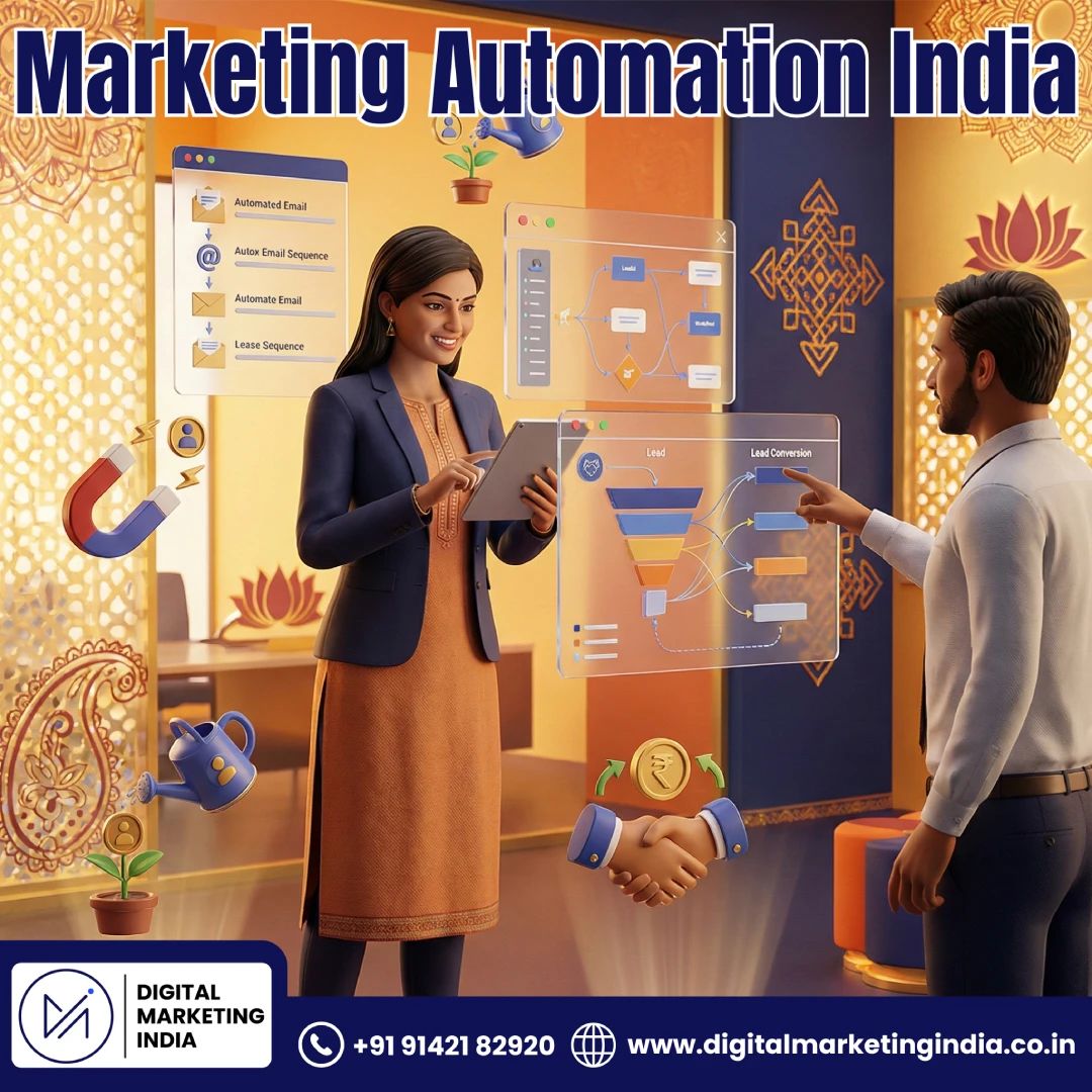 Professional Indian businesswoman managing marketing automation workflows with 3D digital technology and traditional Indian design elements
