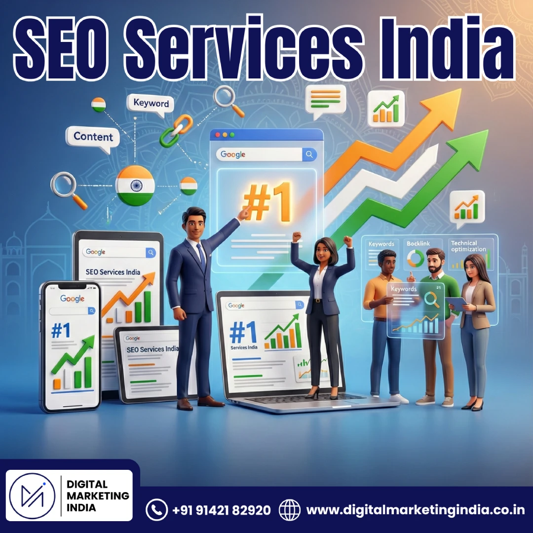 Professional SEO services India featuring expert team characters achieving #1 Google rankings with Indian cultural design elements