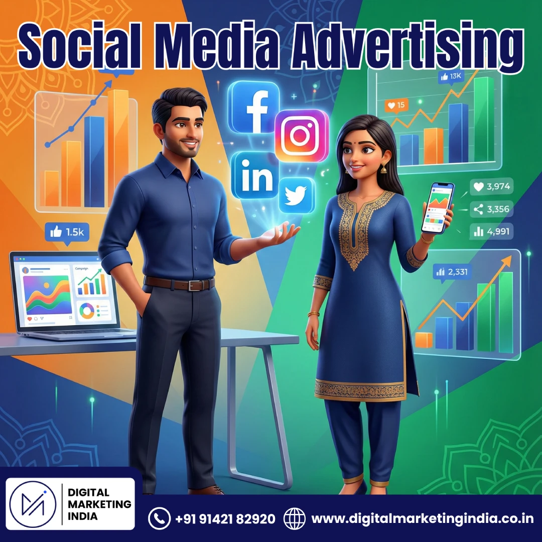 Indian business professionals managing successful social media advertising campaigns on Facebook, Instagram and LinkedIn with 3D digital marketing graphics and growth charts