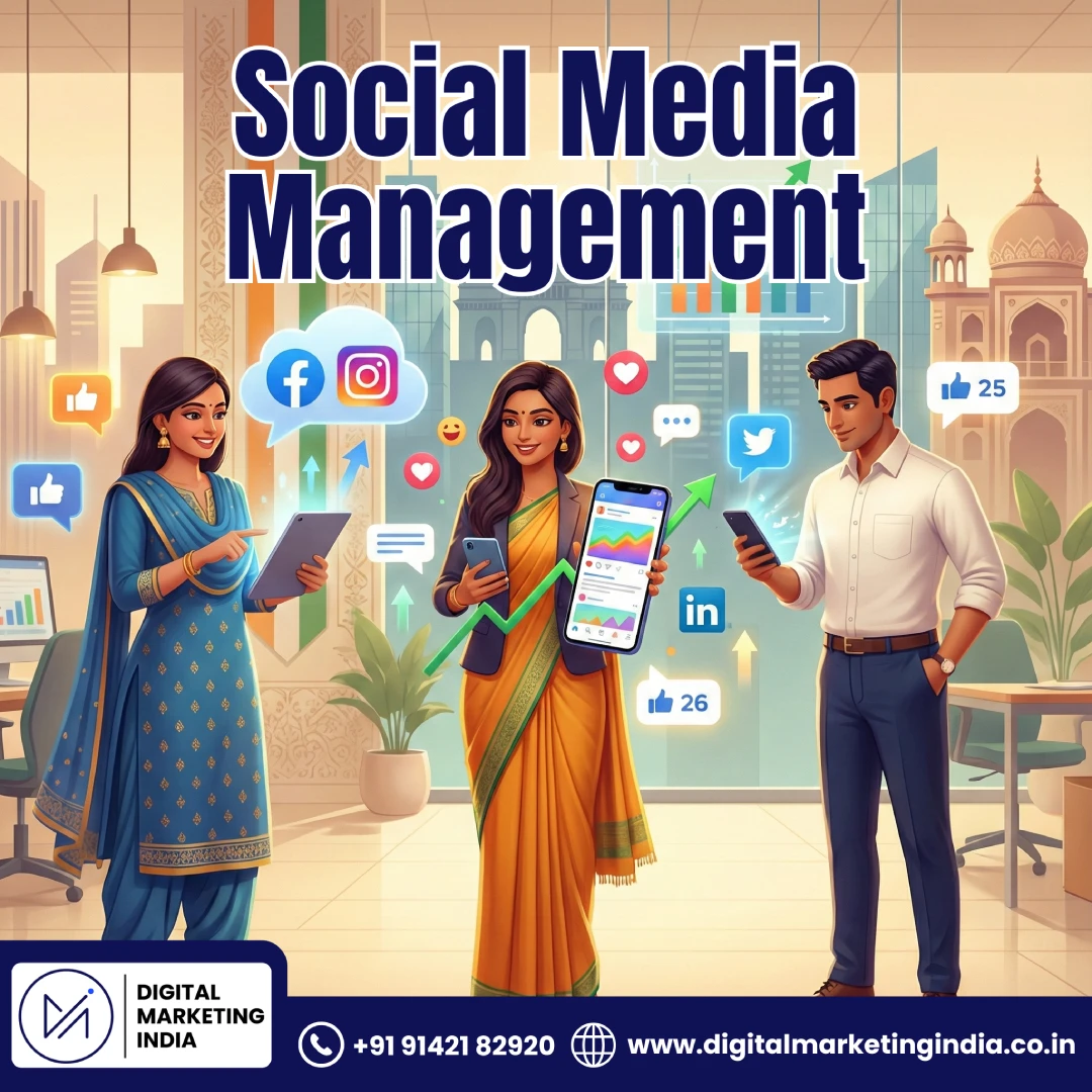 Professional 3D illustration showing Indian business people managing social media marketing on smartphones with floating social media icons, representing social media management services in India for business growth and digital marketing success