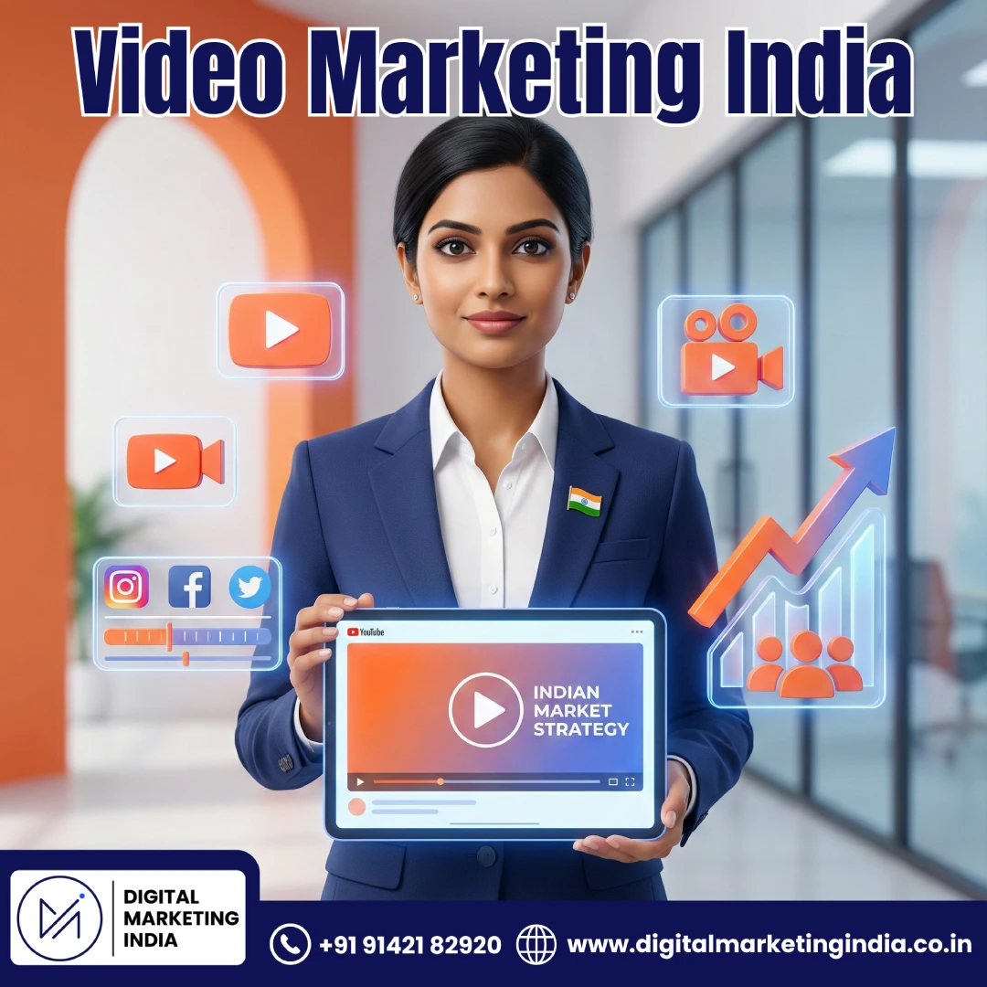 Professional 3D illustration showing Indian business expert with video marketing India tools, cameras, and digital devices representing comprehensive video production services